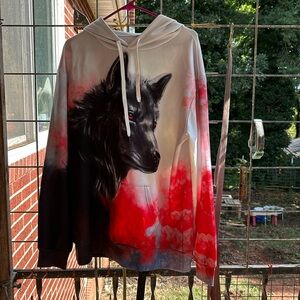NWOT Wolf Pullover Tie Hoodie White Red Black Gray Long Sleeves Pocket Men’s XL
